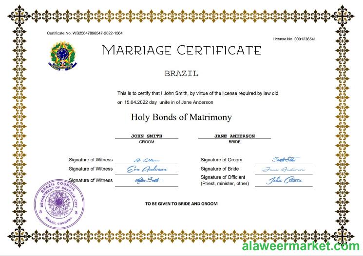 Brazil marriage certificate Word and PDF template